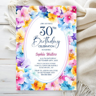 Colorful Floral Oval 30th Birthday Party Invitation