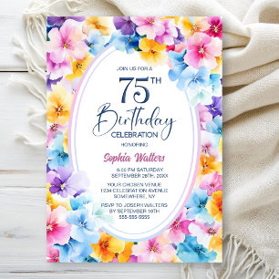 Colorful Floral Oval 75th Birthday Party Invitation