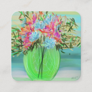 Colorful Floral Painterly Green Vase Square Business Card