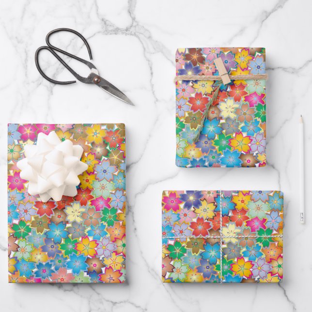 COLORFUL FLORAL PATTERN BOTANICAL WRAPPING PAPER SHEET (Front)