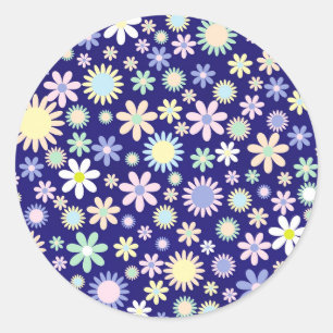 Colorful floral pattern on navy blue, classic round sticker