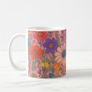 Colorful floral pattern on pink coffee mug