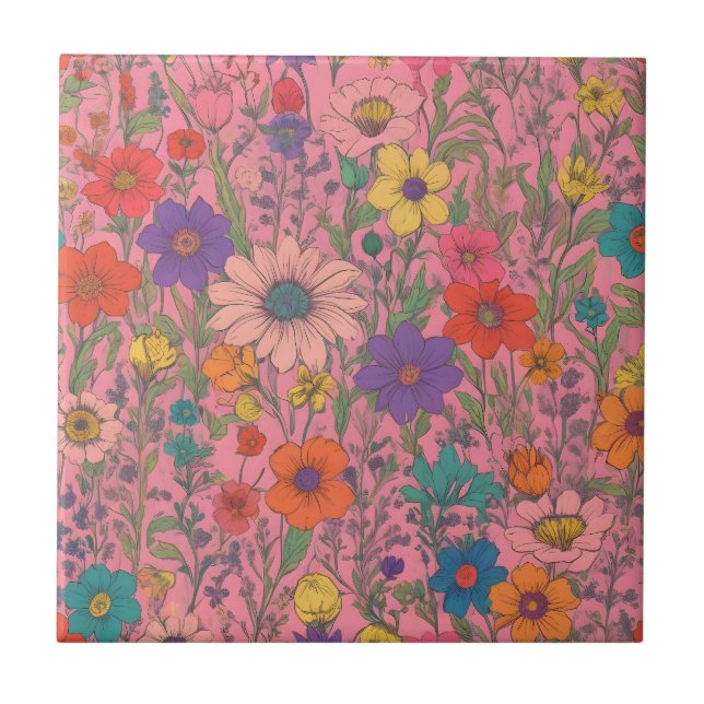 Colorful floral pattern on pink tile (Front)