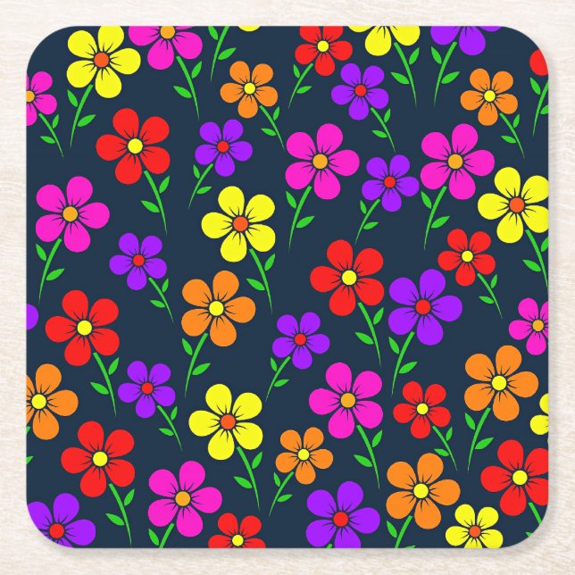 Colorful Floral Pattern Square Paper Coaster (Front)