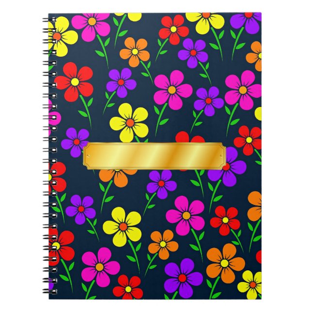 Colorful Floral Pattern with gold label Notebook (Front)