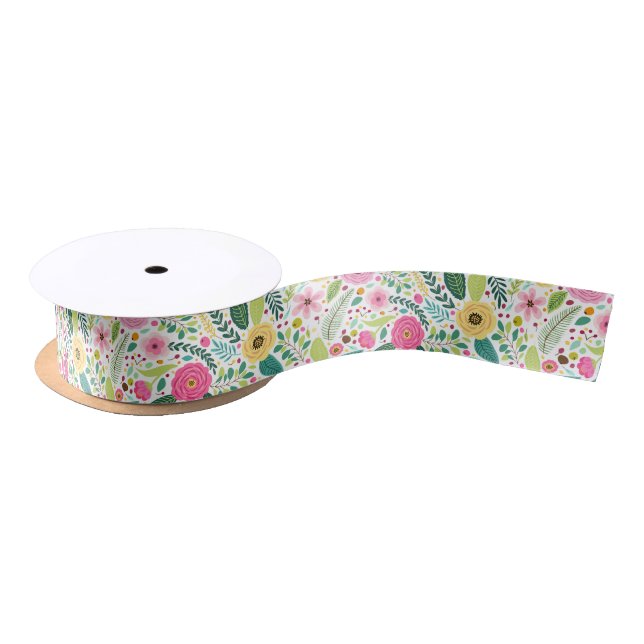 Colorful floral pattern with pink, yellow satin ribbon (Spool)