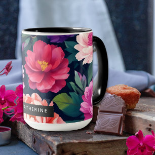 Colorful Floral Peony Vibrant Bright Flowers Name Mug