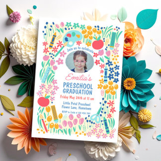 Colorful Floral Photo Preschool Graduation Invitation