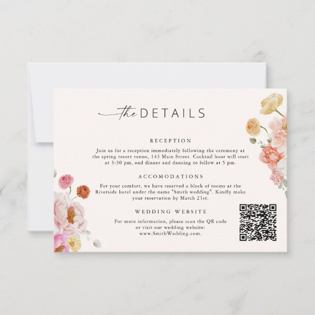 Colorful Floral QR Code Details Wedding Card (Front)