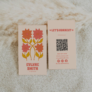 Colorful Floral QR Code Groovy Terracotta Boho Business Card