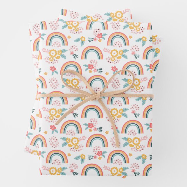 Colorful Floral Rainbow Pattern Wrapping Paper Sheet (In situ)