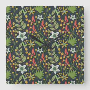 Colorful floral seamless pattern flowers and leave square wall clock