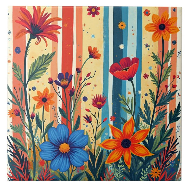 Colorful Floral Stripes Design Tile (Front)