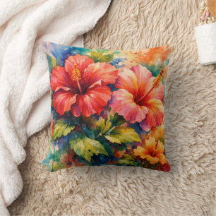 Colorful Floral Watercolor Style Hibiscus Art Cushion