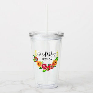 Colorful Floral Wreath Modern Good Vibes Acrylic Tumbler