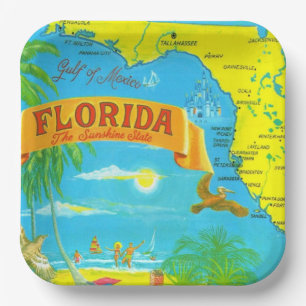 Colorful Florida Postcard Map  Paper Plate
