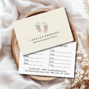 Colorful Flower Baby Footprint Logo Beige Appointment Card