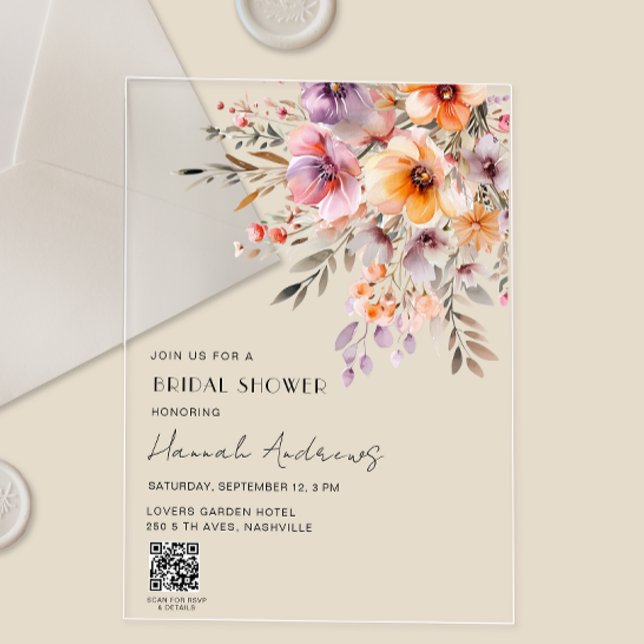 Colorful Flower Bouquet QR Code Bridal Shower Acrylic Invitations (Colorful Flower Bouquet QR Code Bridal Shower Acrylic Invitations)
