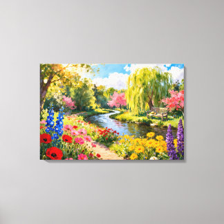 Colorful Flower Garden River Spring Landscape Art Canvas Print