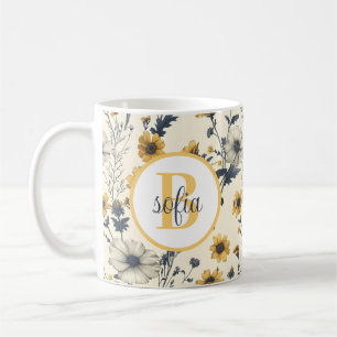 Colorful Flower Pattern Monogram Yellow Coffee Mug