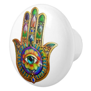 Colorful Flower Petals Turquoise Third Eye Hamsa Ceramic Knob