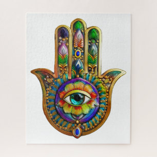 Colorful Flower Petals Turquoise Third Eye Hamsa Jigsaw Puzzle