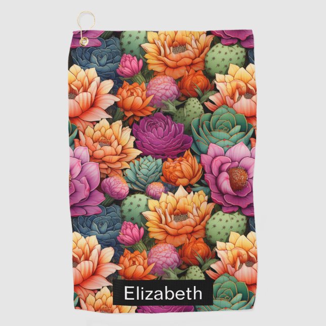 Colorful Flowering Cactus Personalized Golf Towel (Front)