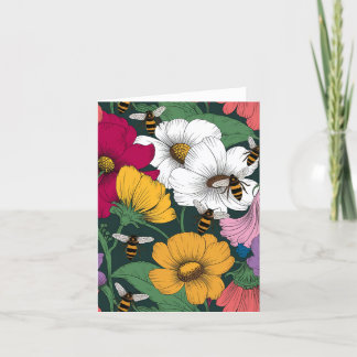 Colorful Flowers and Bees Blank Card