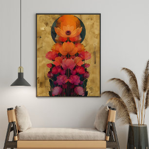 Colorful Flowers and Full Moon Painting Poster