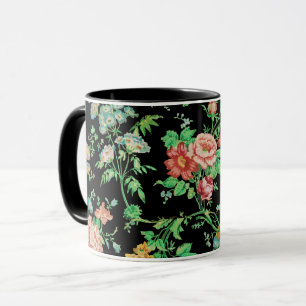 COLORFUL FLOWERS AND LEAVES DARK FLORAL Black  Mug