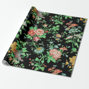 COLORFUL FLOWERS AND LEAVES DARK FLORAL Black  Wrapping Paper