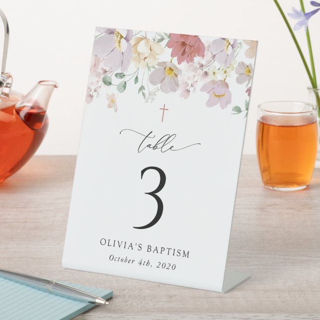 Colorful Flowers, Boho, Baptism Table Numbers Pedestal Sign (In SItu)