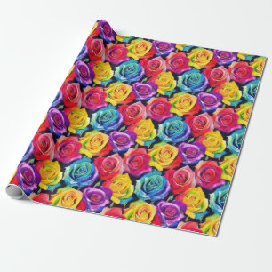 Colorful flowers, bright watercolor roses print wrapping paper