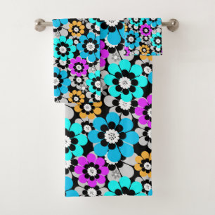 Colorful flowers daisies Blue Turquoise Purple Bath Towel Set