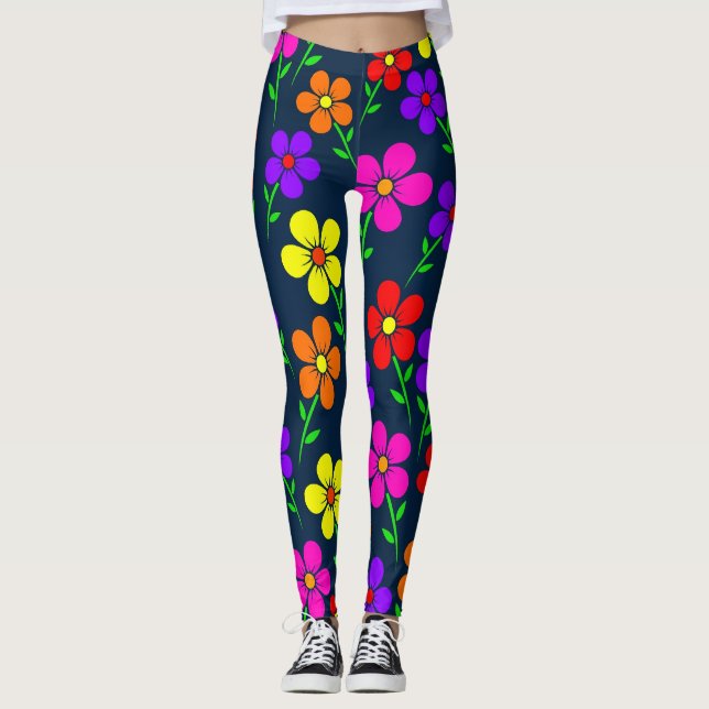 Colorful Flowers Floral Pattern Leggings (Front)