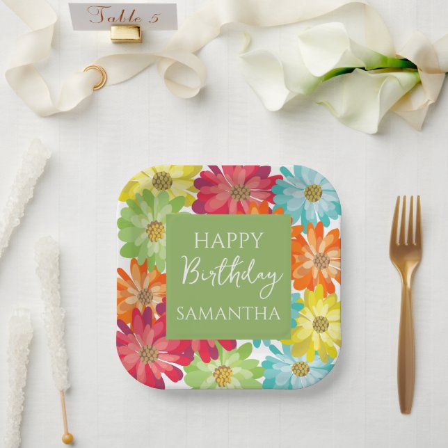  Colorful Flowers Happy Birthday Party  Paper Plate (Wedding)