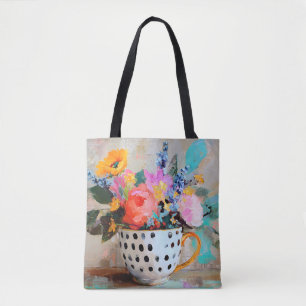 Colorful Flowers in Polka Dot Teacup Tote Bag