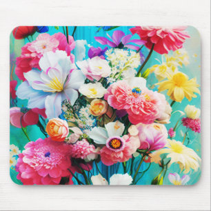 Colorful Flowers on Teal Mouse Mat
