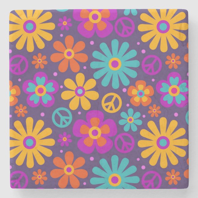 Colorful Flowers Peace Love Groovy Retro Hippie Stone Coaster (Front)