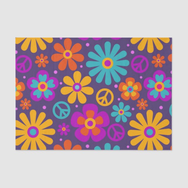 Colorful Flowers Peace Love Groovy Retro Hippie Tissue Paper (Front)