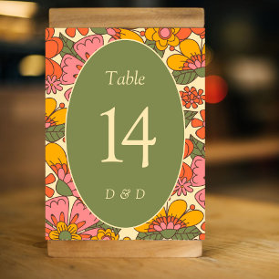 Colorful Flowers Vintage Retro Wedding Table Number
