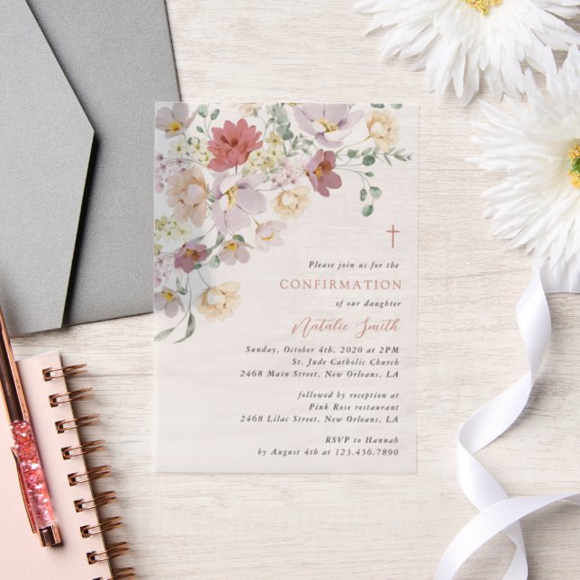 Colorful Flowers, Wildflowers, Boho, Confirmation Vellum Invitations (Wedding)