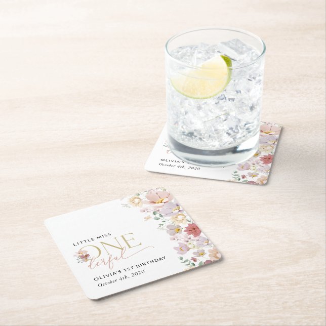 Colorful Flowers, Wildflowers, First Birthday Square Paper Coaster (Insitu)