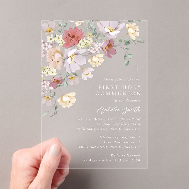 Colorful Flowers, Wildflowers, First Communion Acrylic Invitations (Insitu (Handheld))