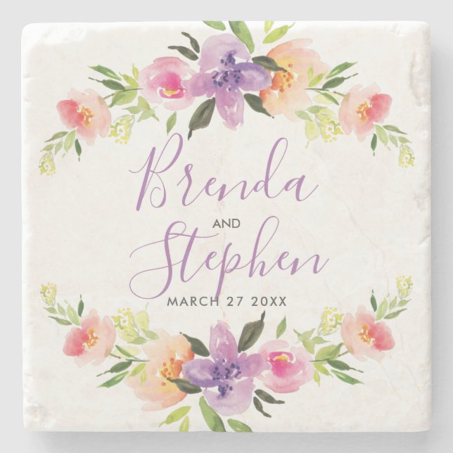 Colorful flowers wreath frame stone coaster (Front)