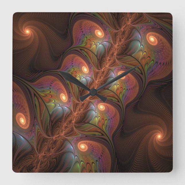 Colorful Fluorescent Abstract Trippy Brown Fractal Square Wall Clock (Front)