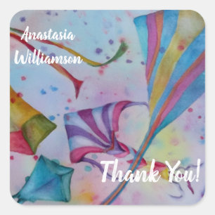 COLORFUL FLYING KITES THANK YOU SQUARE STICKER