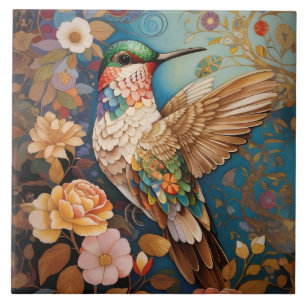 Colorful Flying Patterned Hummingbird Tile
