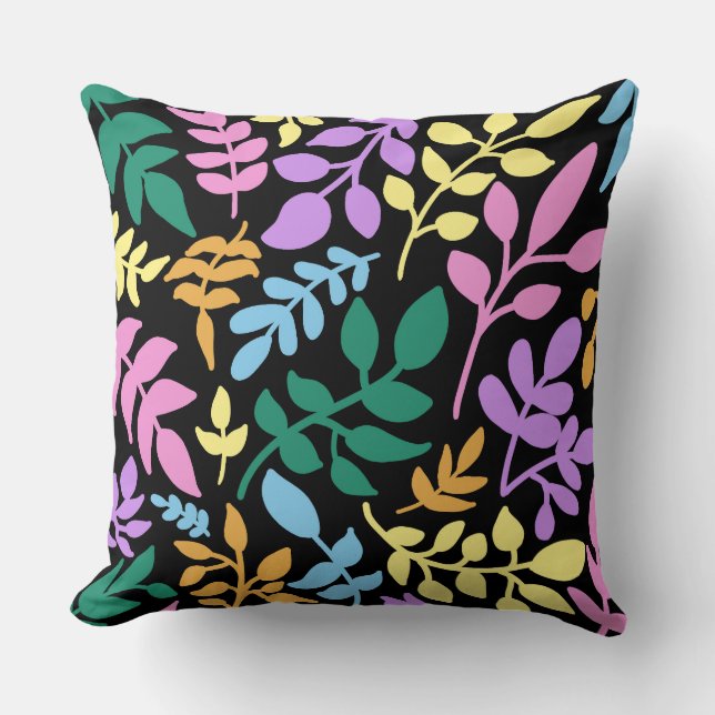 Colorful foliage in black background cushion (Front)
