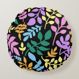 Colorful foliage in black background round cushion